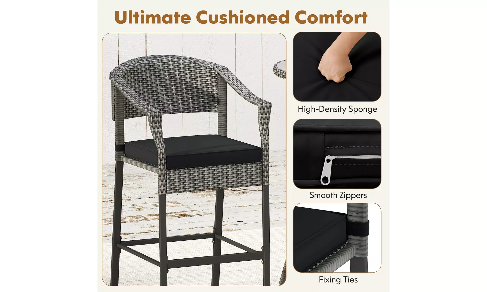 Costway 3-Piece Patio Rattan Bar Set Wicker Bar Height Armchairs and Round Table