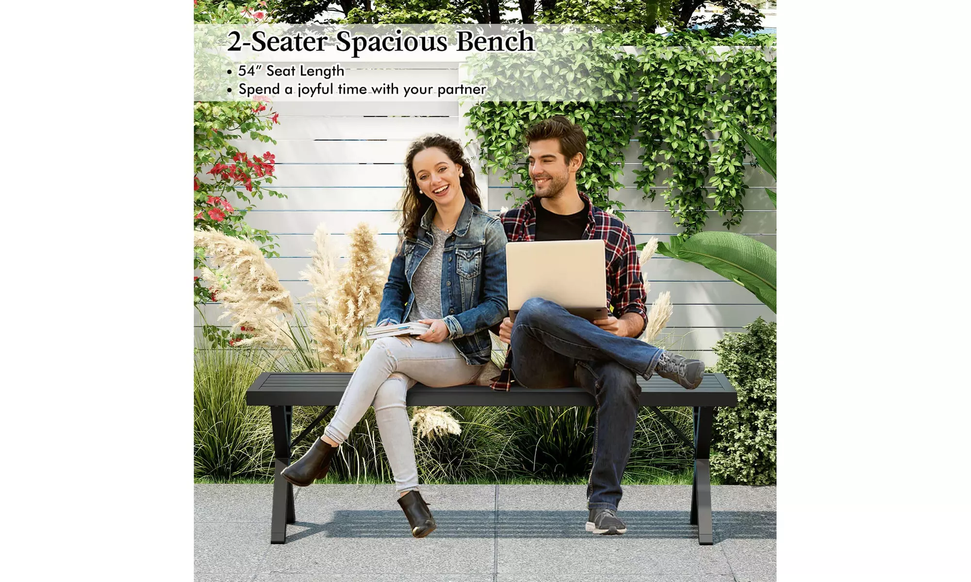 Costway 54 Inch Patio Metal Bench with Slatted Seat and X Legs Backless Loveseat
