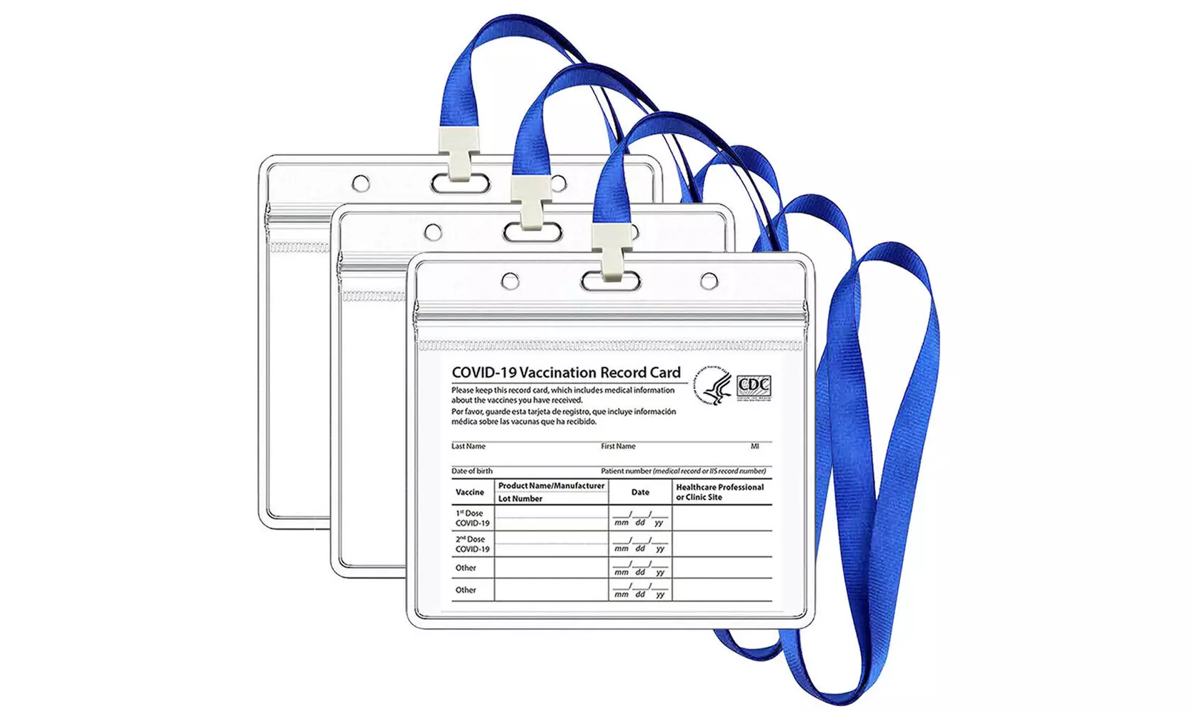 Clear CDC Vaccination Record Card Protectors, 2-3-5 Pack Options With Lanyard - Primary Image