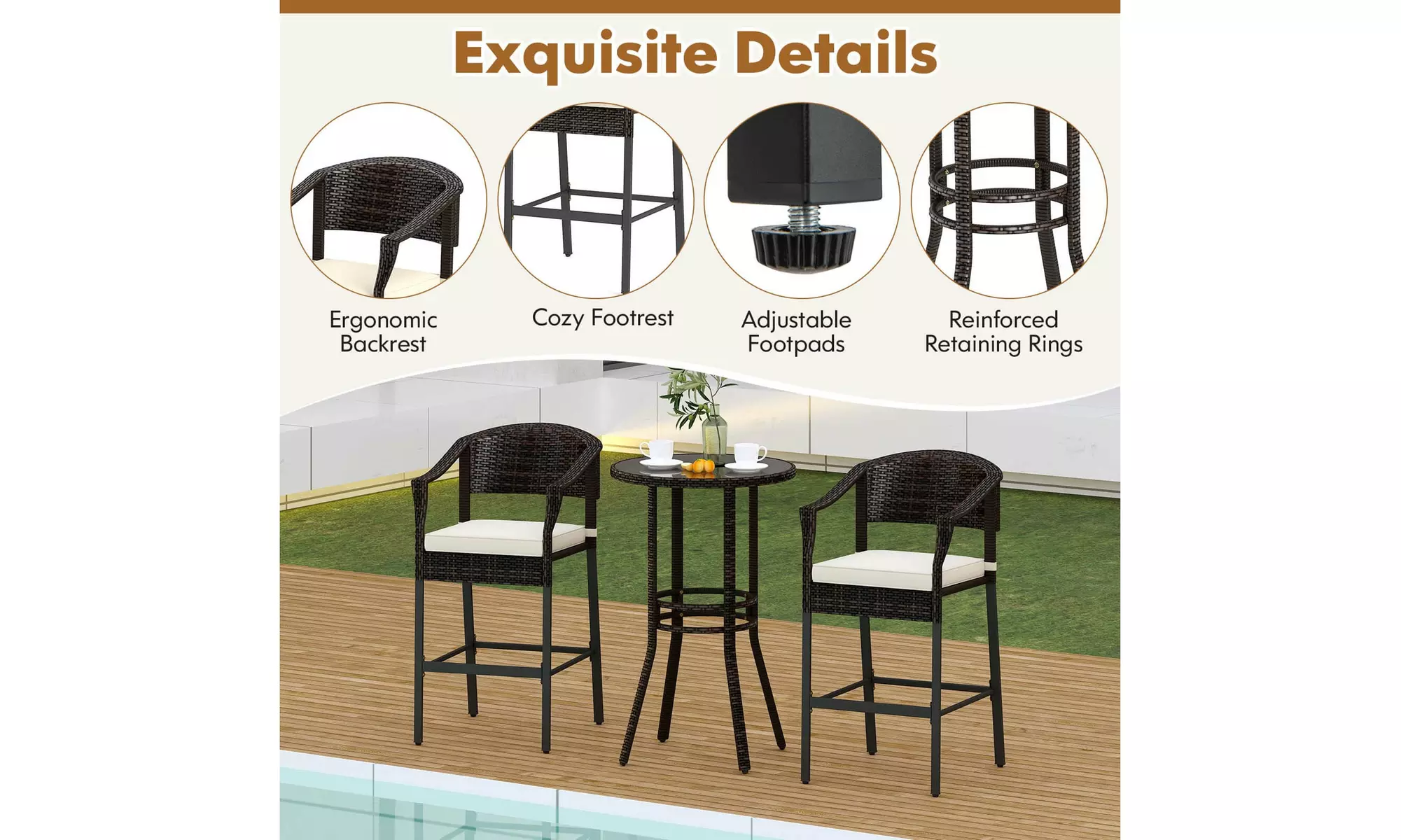 Costway 3-Piece Patio Rattan Bar Set Wicker Bar Height Armchairs and Round Table