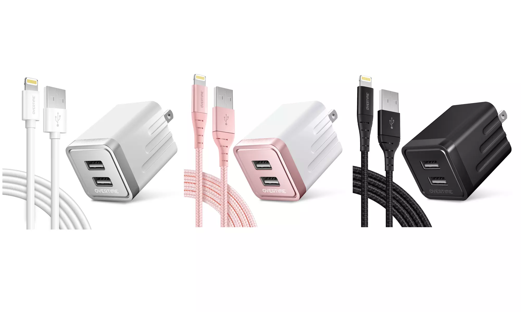 Overtime MFi Certified Lightning Cable with Dual Port USB Wall Charger - Primary Image