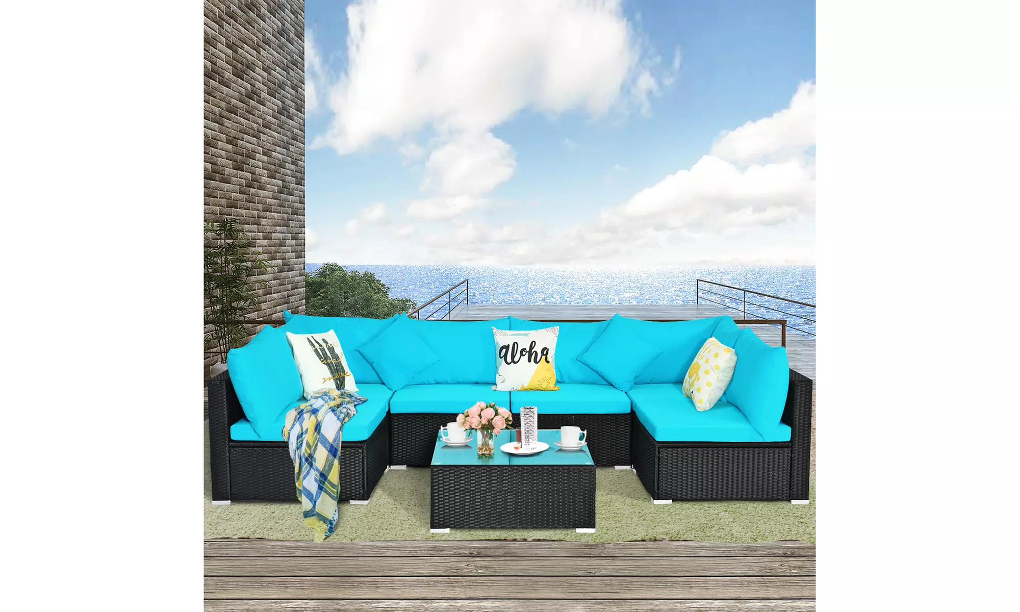 Costway 7PCS Patio Rattan Sofa Set Sectional Conversation Furniture Set Garden