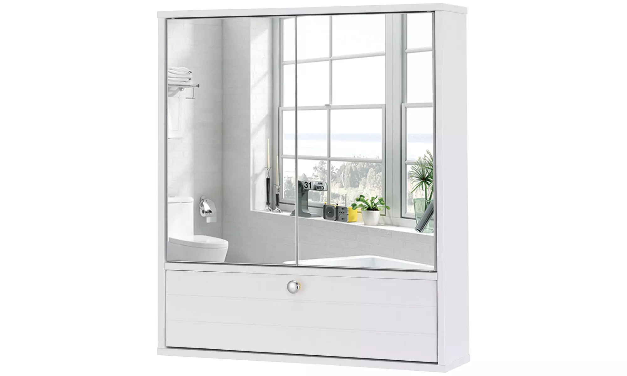 Bathroom Cabinet Double Mirror Door Wall Mount Storage Wood Shelf  - Primary Image