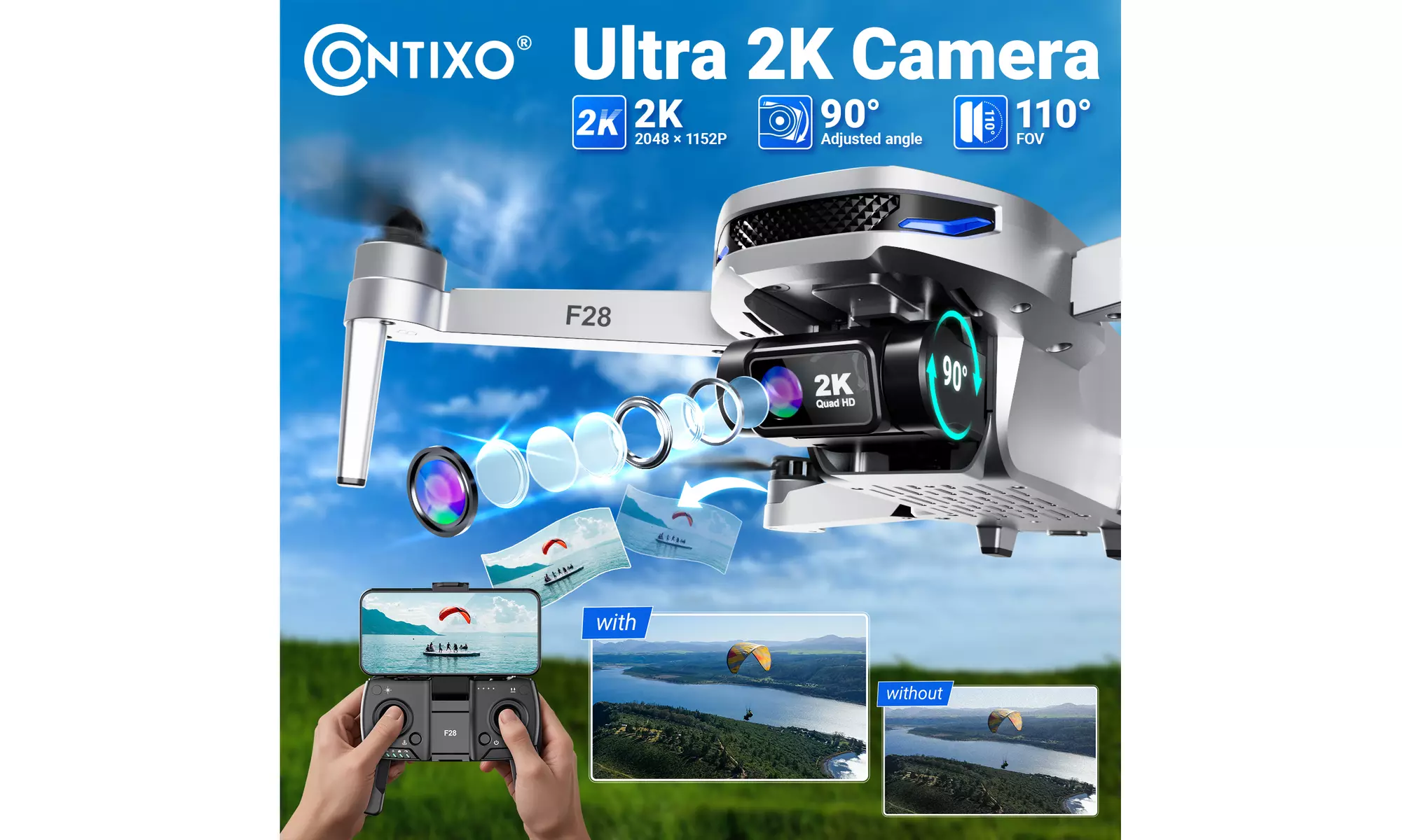 Contixo F28 GPS Drone with Camera, 2K Camera FHD, Foldable FPV, FAA-Exempt