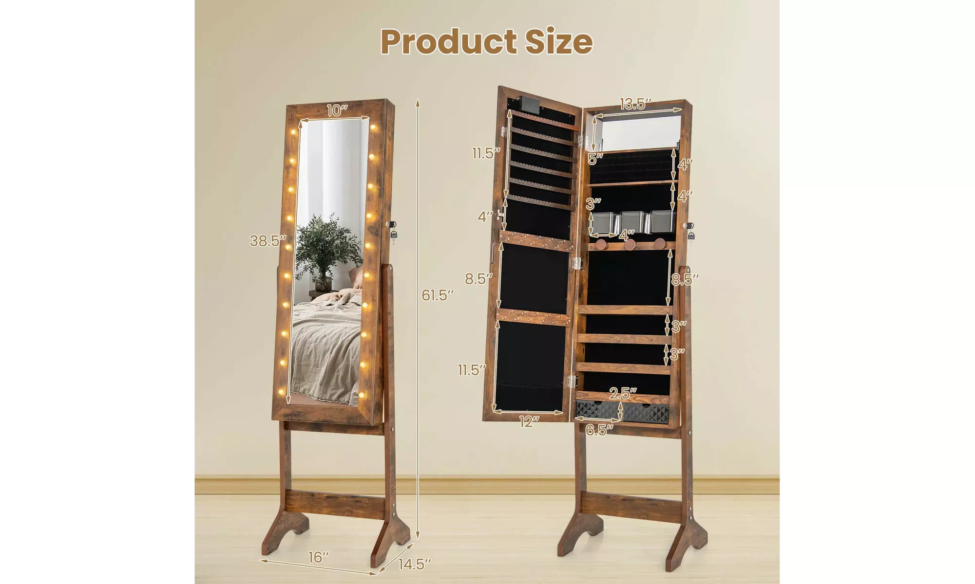 Costway Full-Length LED Mirror Jewelry Cabinet with 20 LED Lights