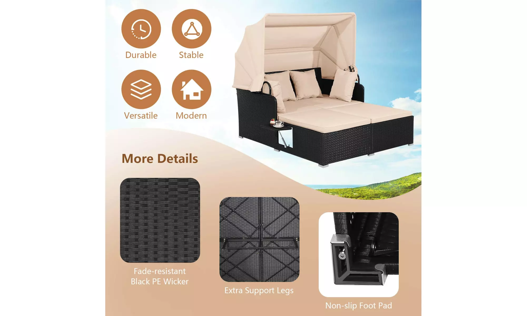 Costway Rattan-Effect Daybed with Retractable Top Canopy
