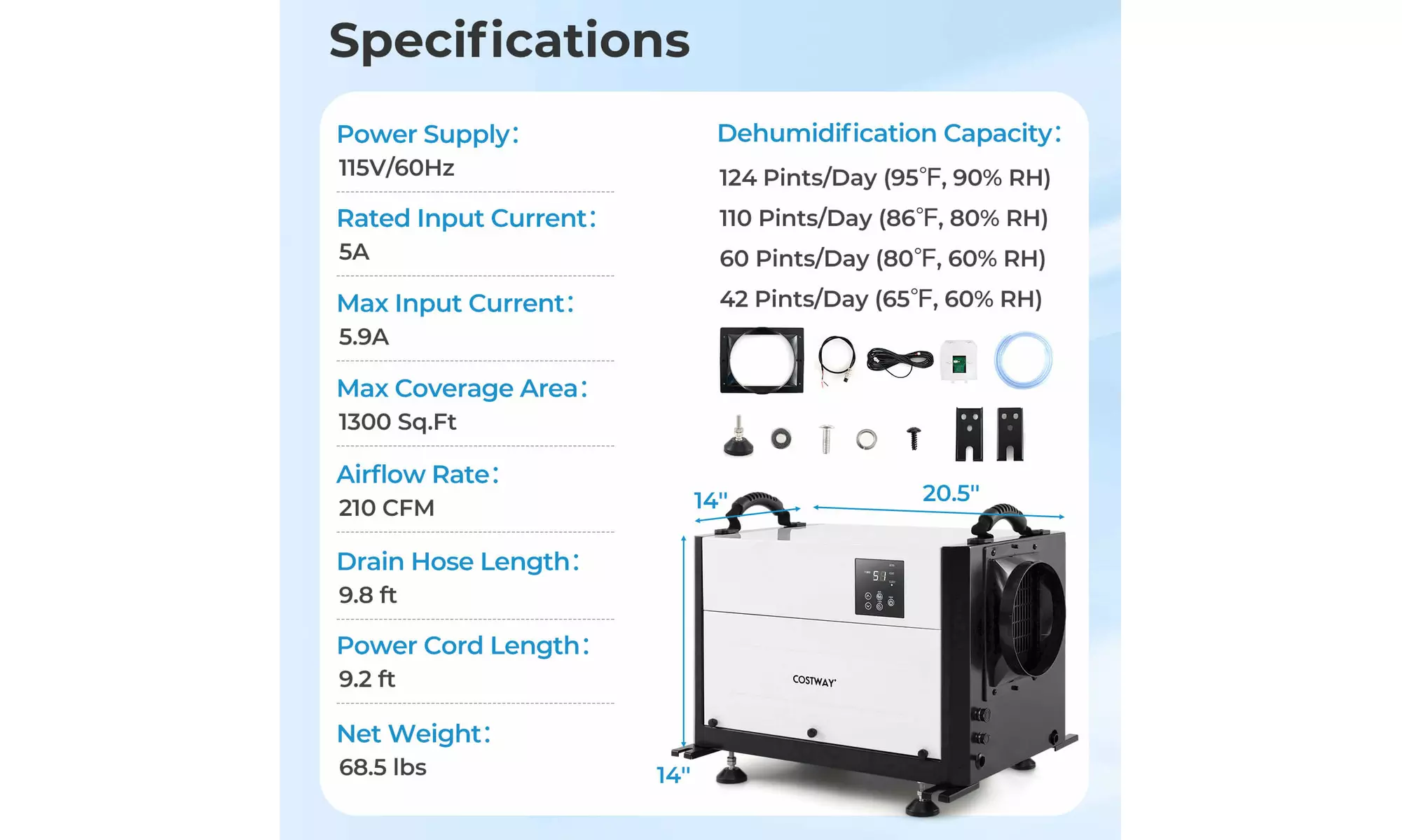 Costway Crawl Space Dehumidifier Commercial Dehumidifier w/ 3 Modes & 24H Timer