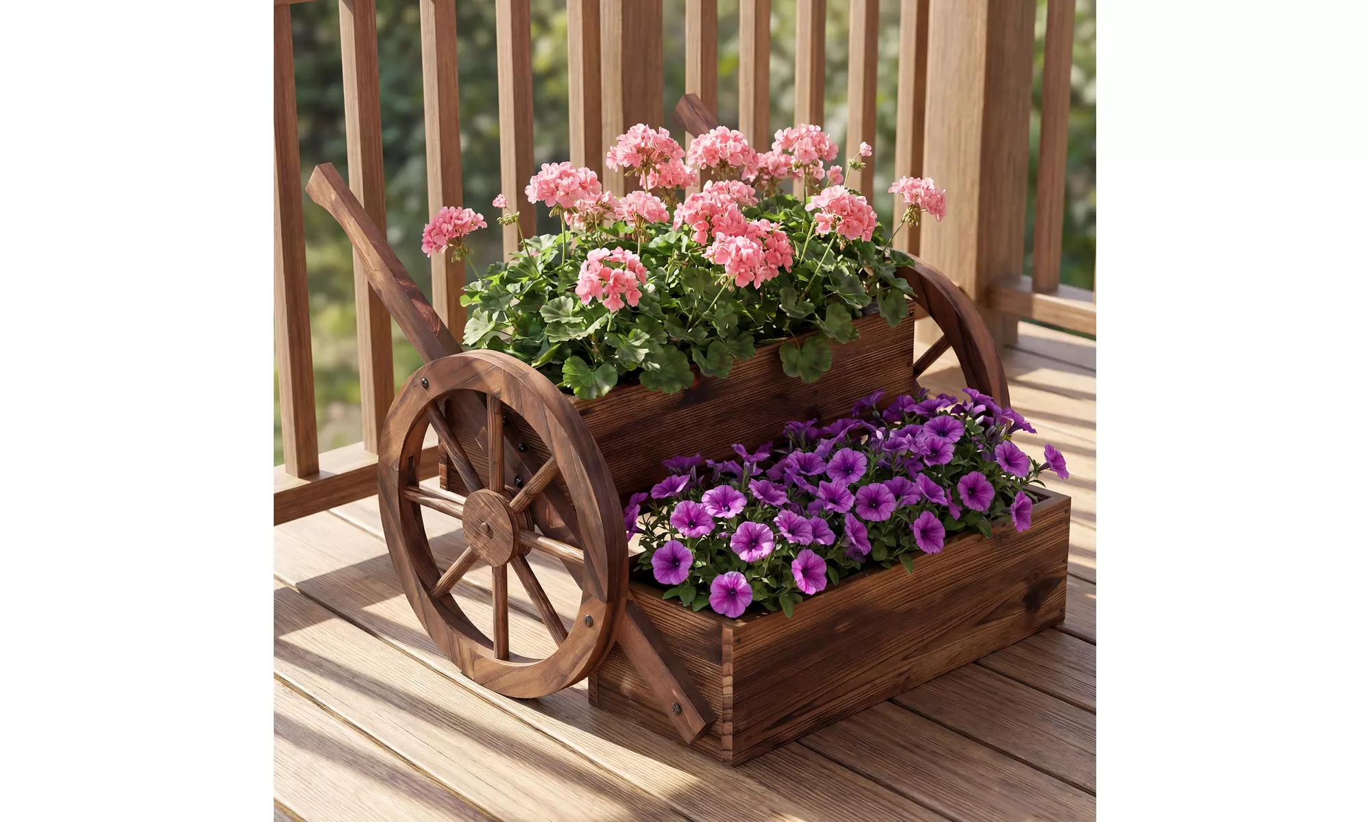 Costway 2-Tier Rustic Wooden Wagon Planter Box with Drainage Holes