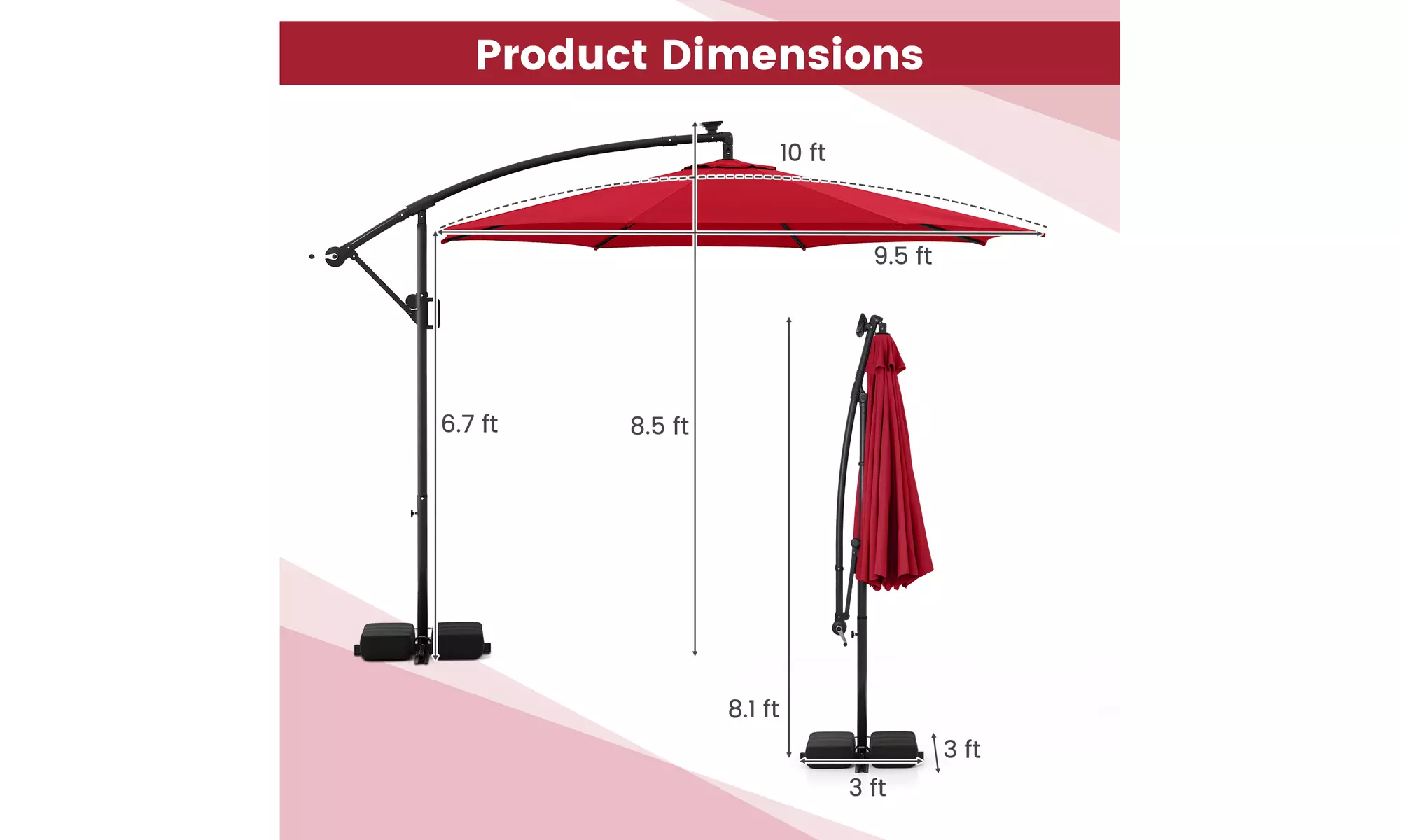 Costway 10 FT Solar Offset Hanging Umbrella with Base