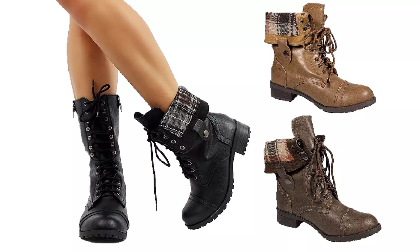 Lace-Up & Foldable Combat Mid-Calf-to-Ankle Booties - Primary Image