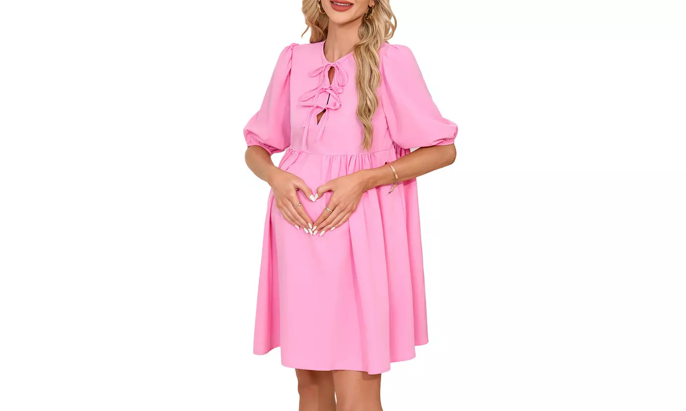Bow-Front Maternity Dress Puff Sleeves Flowy A-Line Skirt Baby Shower Dress