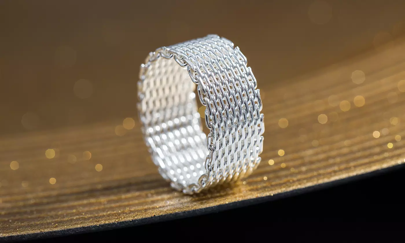 18k White Gold Plated Casted Silver Mesh Ring