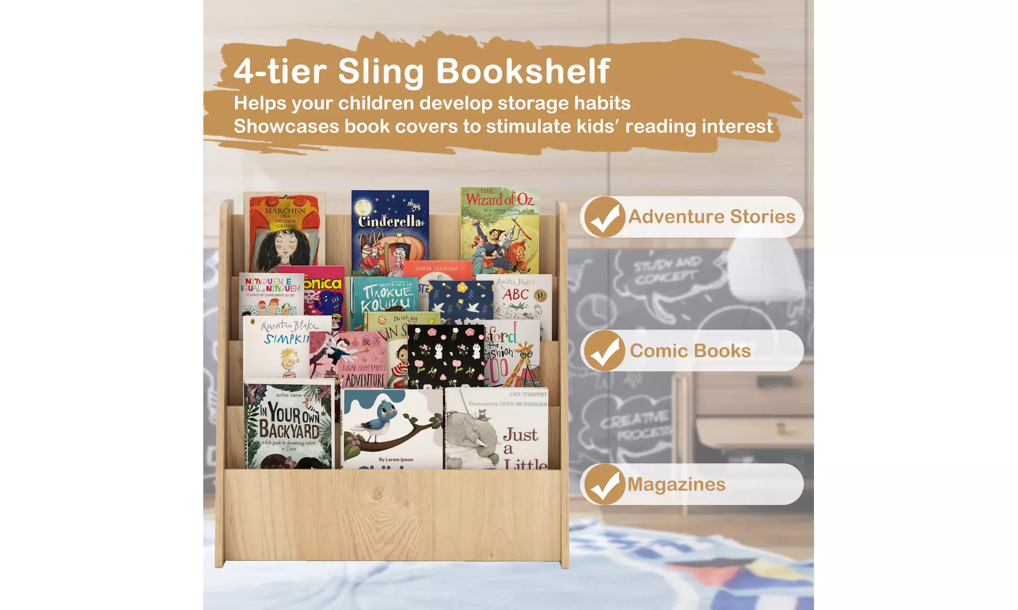 Costway 4-tier Kids Wooden Bookshelf Toddlers Book Rack with Deep Shelves