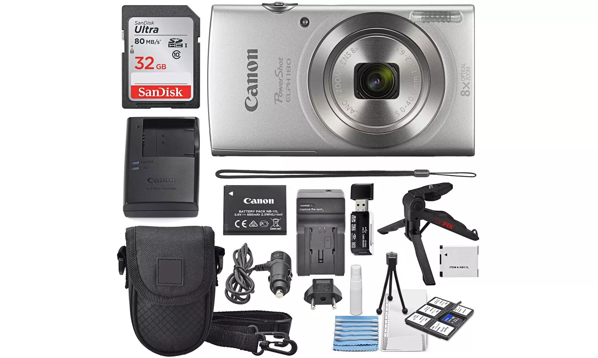 Canon PowerShot ELPH 180 Digital Camera Silver  32GB SDHC Memory Card  Flexible  - Primary Image