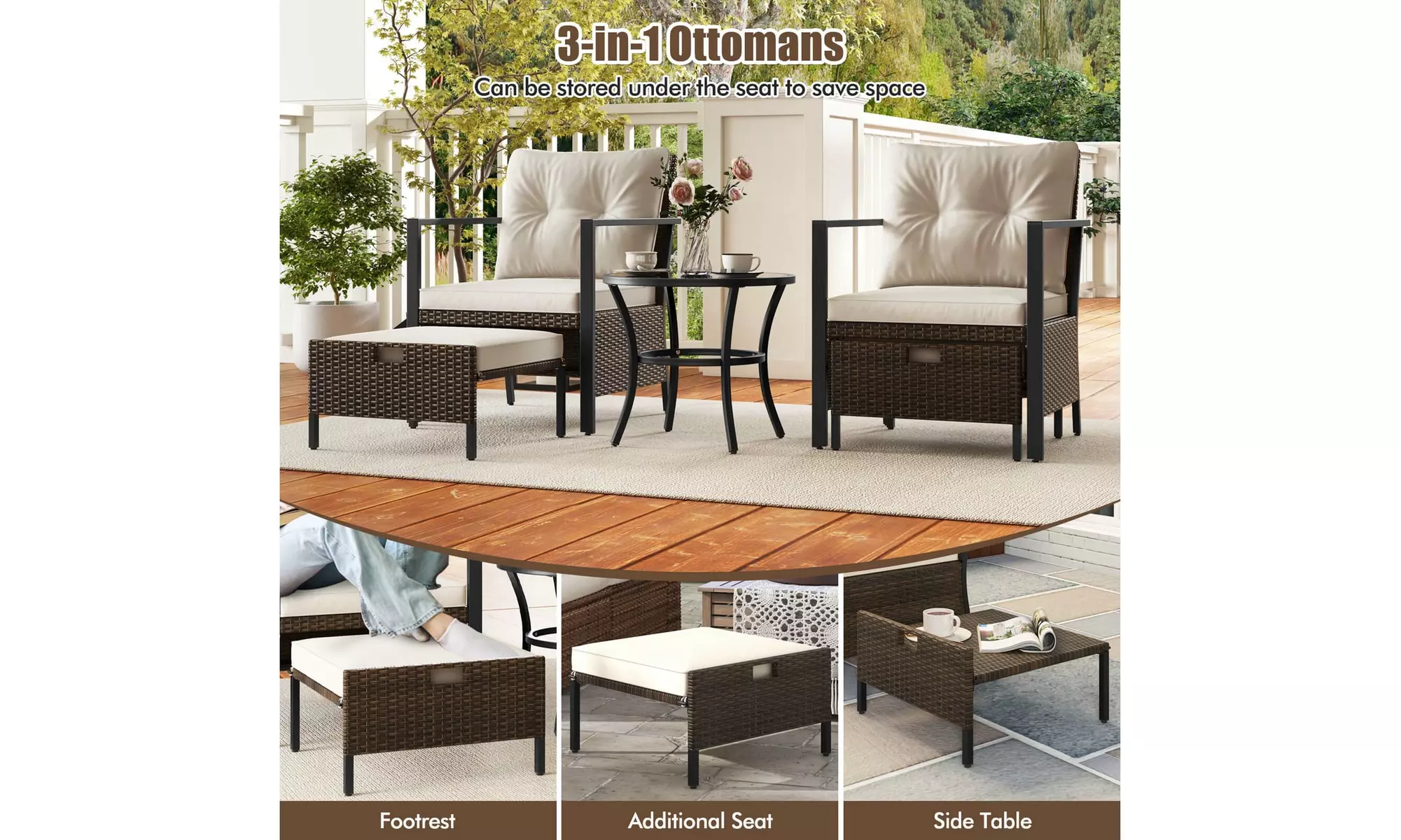 Costway 5 PCS Outdoor Furniture Set Rattan Chairs & Ottomans with Coffee Table