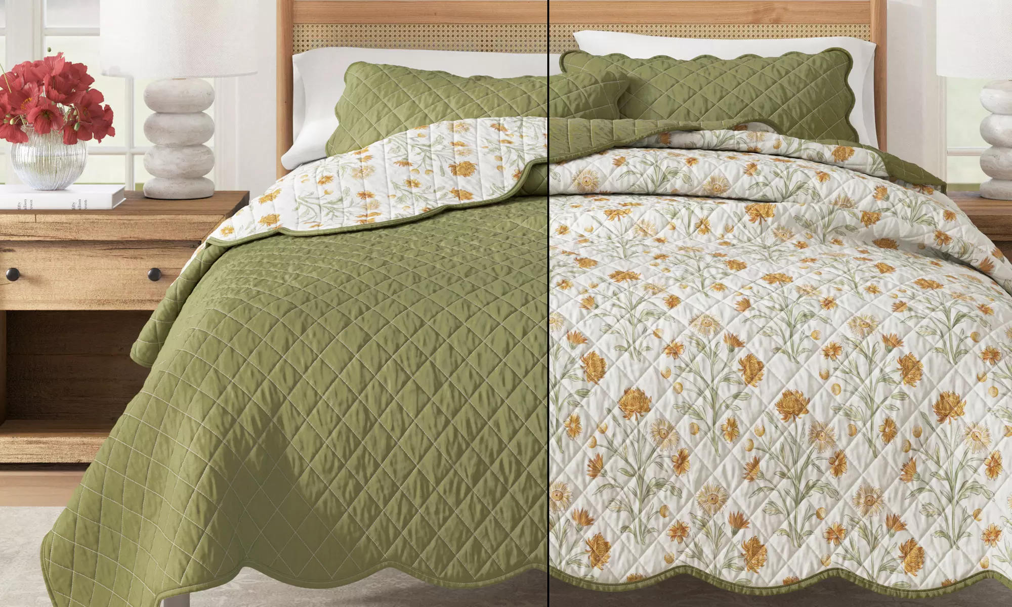 Floral Printed Scalloped Cotton Quilt Set