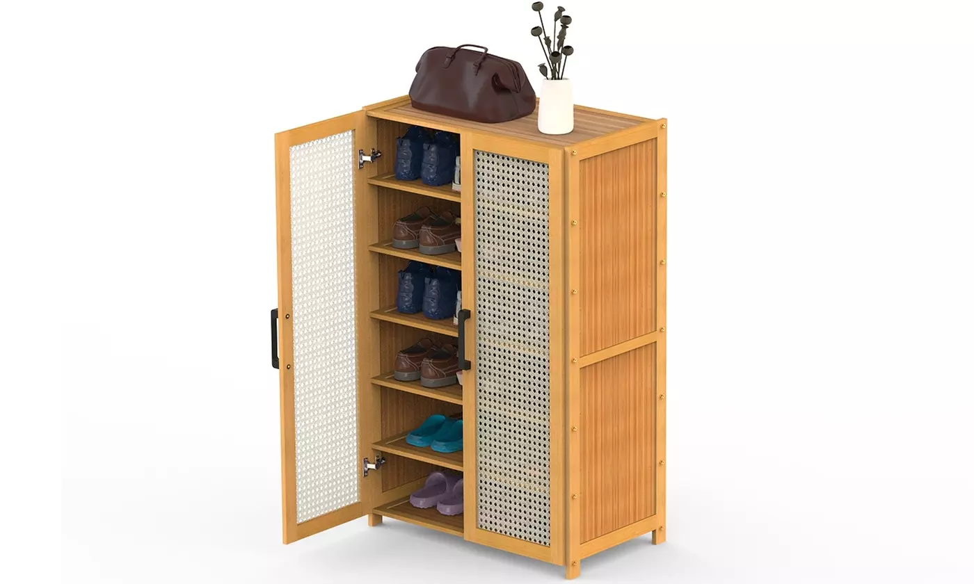 NewHome 6-Tier Shoe Cabinet Freestanding Bamboo Shoe Rack w/ 2 Hollow Doors