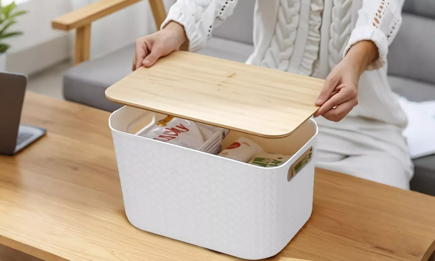 NewHome Stackable Storage Bins with Bamboo Lids Plastic Containers (2-Pack)
