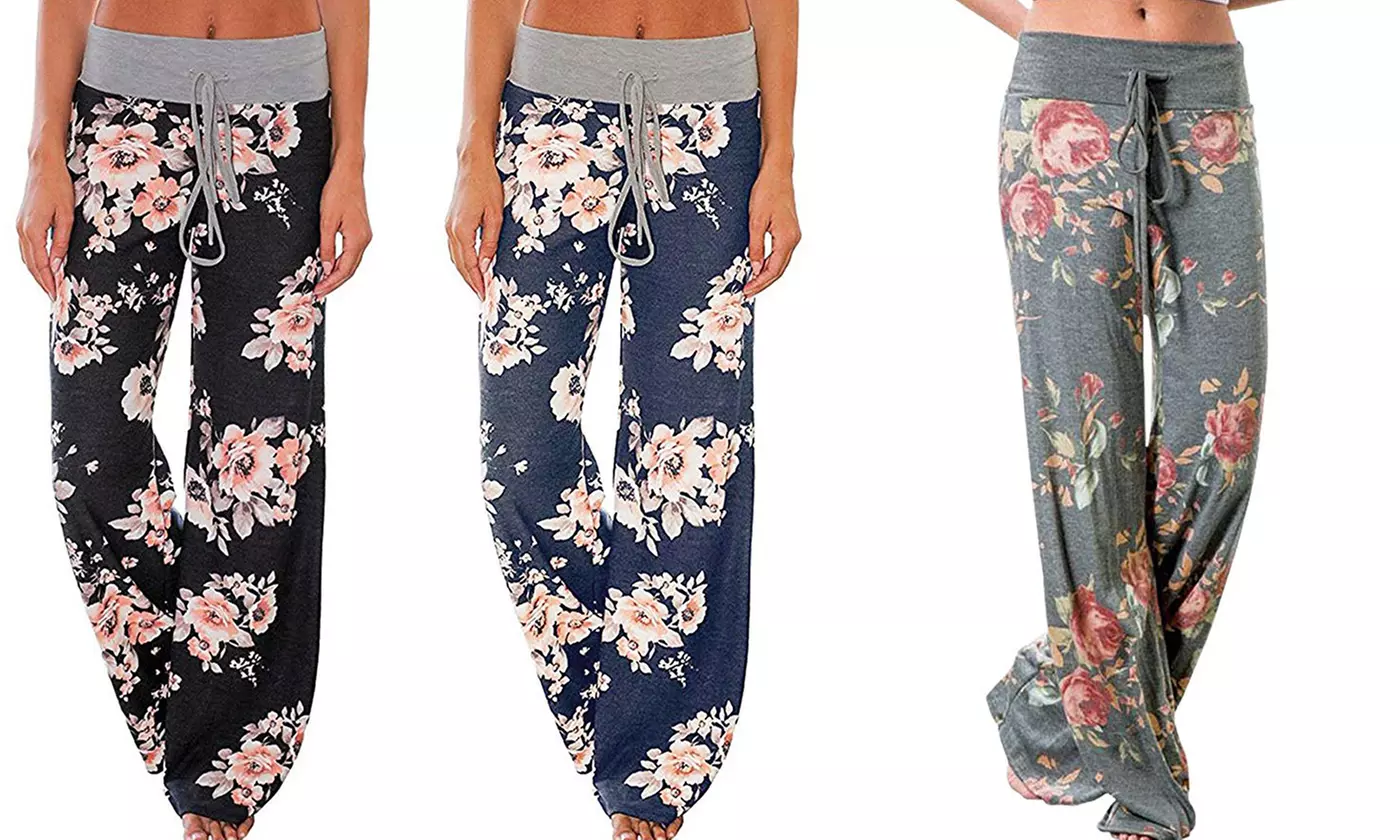 Women's Comfy Pajama Pants Floral Print Drawstring  Lounge Wide Leg Pants  - Primary Image