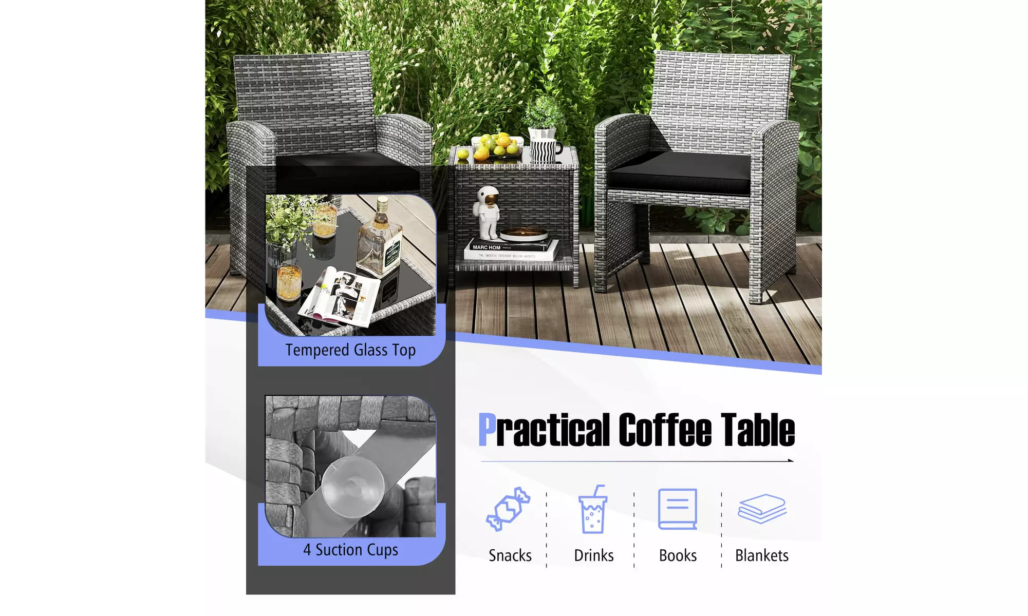 Costway 3-Piece Patio Furniture Set with Tempered Glass Coffee Table