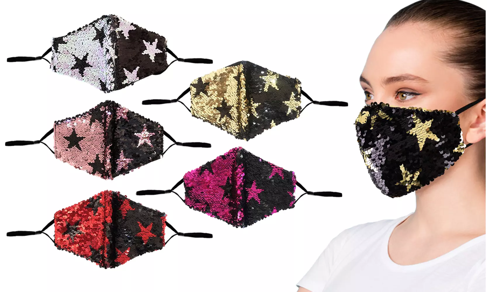 5-Pack: Reversible Sequin Star Struck Cotton Face Masks w/ Adjustable Ear Loops - Primary Image