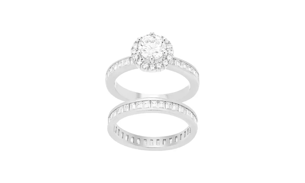 Sterling Silver CZ 2pc Engagement Ring Set - Primary Image