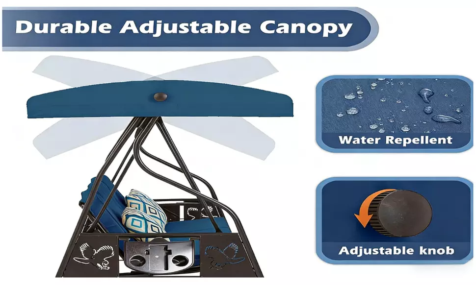 3-Seat Outdoor Porch Swing with Stand  with Canopy Pillows and Cup Holder