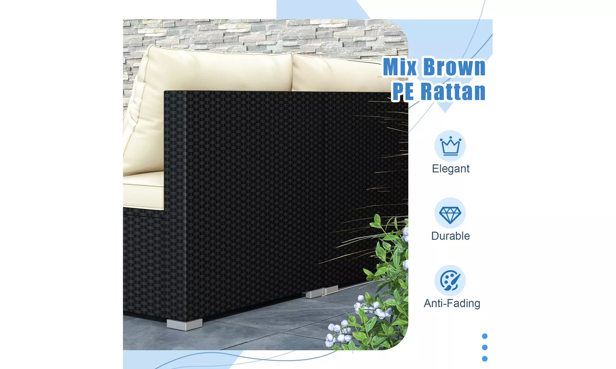 5 Piece Patio Rattan Furniture Set Acacia Wood Table Top Sofa Cushion Deck