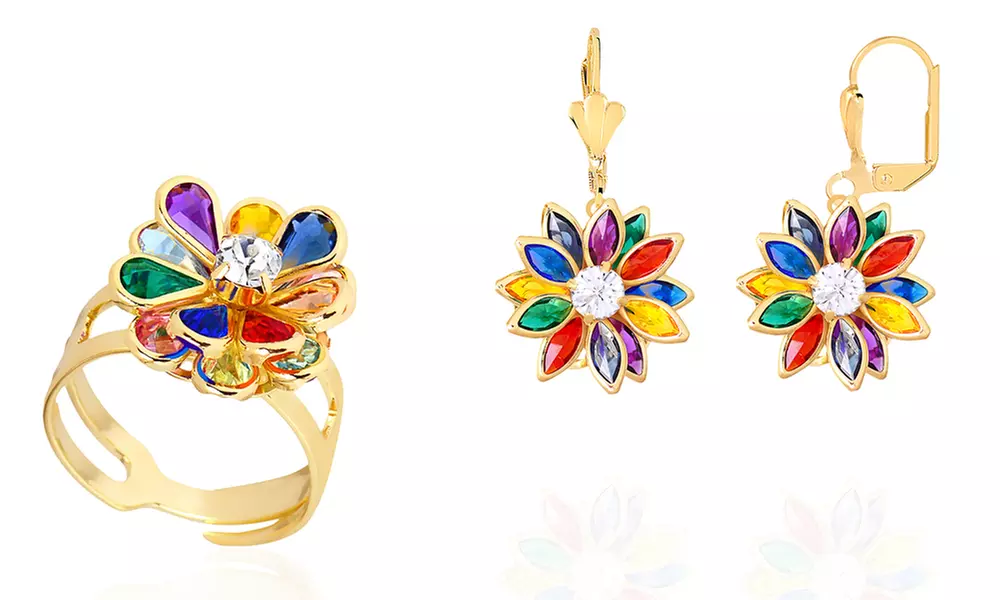 Rainbow Swarovski Crystal Flower Earrings & Ring Jewelry Set By Chantel Club - Primary Image