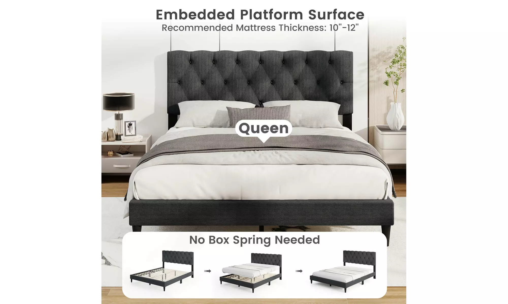 Costway Bed Frame with High Headboard and Wooden Slats