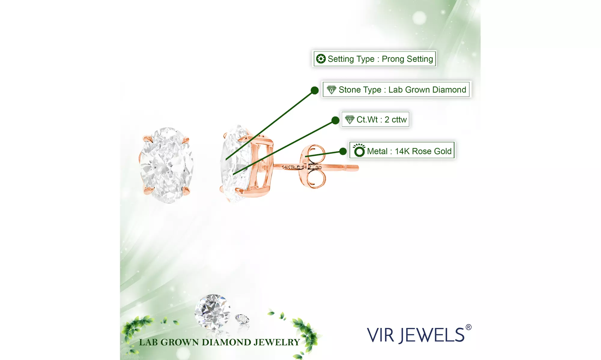 Lab Grown Diamond Stud Earrings Oval Shape in 14K Gold With Butterfly Push Backs