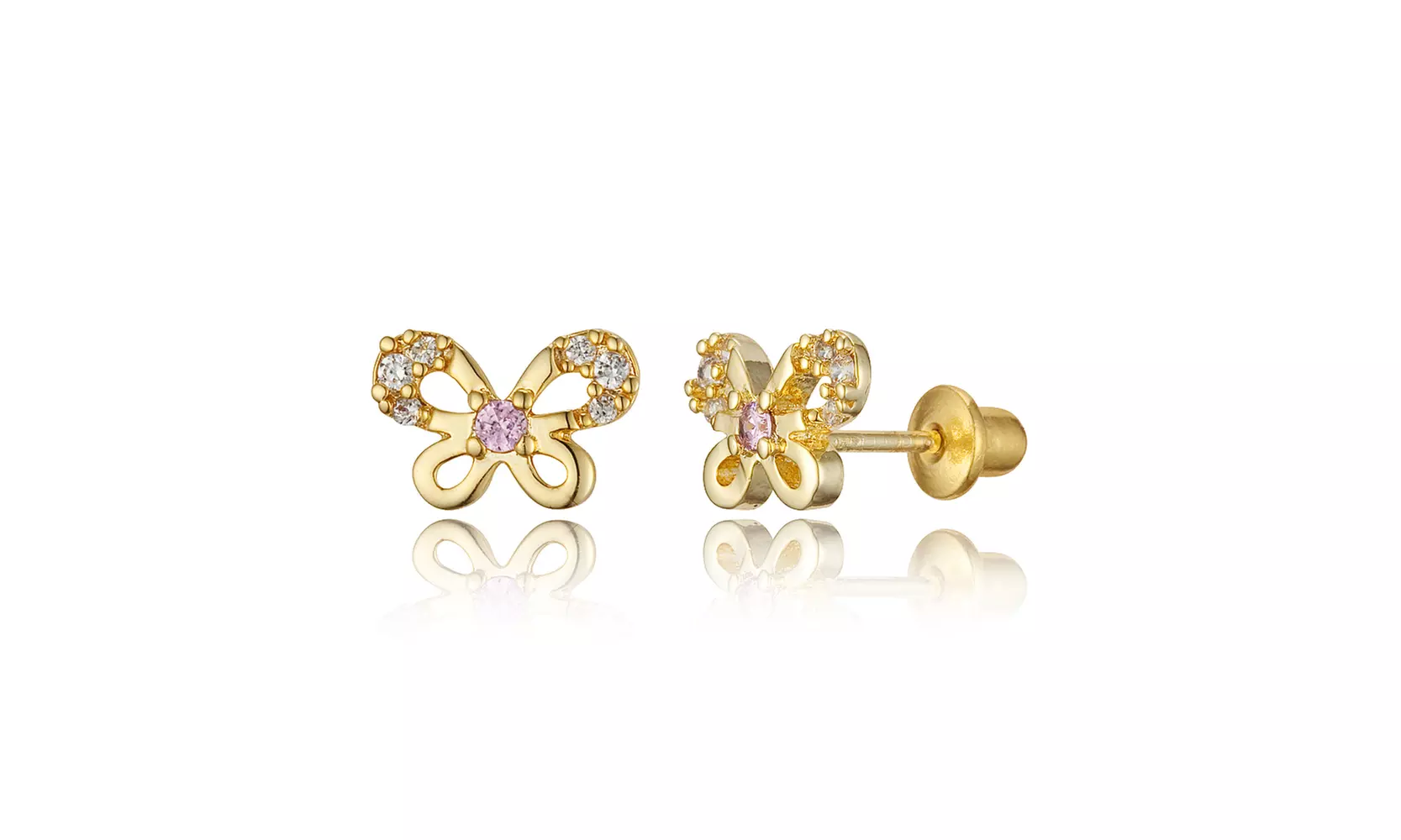 14k Gold Plated Brass Butterfly CZ Screwback Girls Earrings Sterling Silver Post - Primary Image