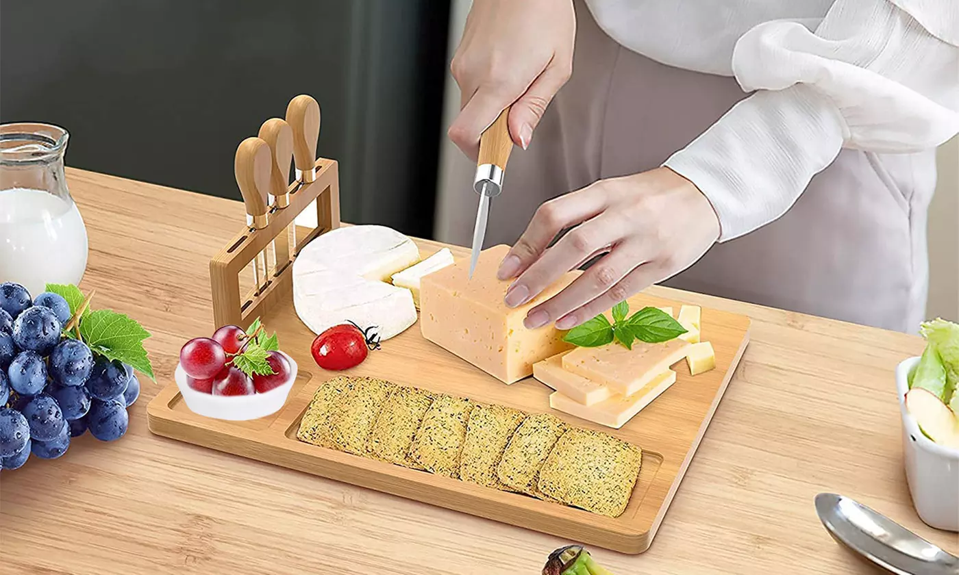 NewHome Bamboo Cheese Board & Charcuterie Platter Set w/ Knife Holder & Cutlery