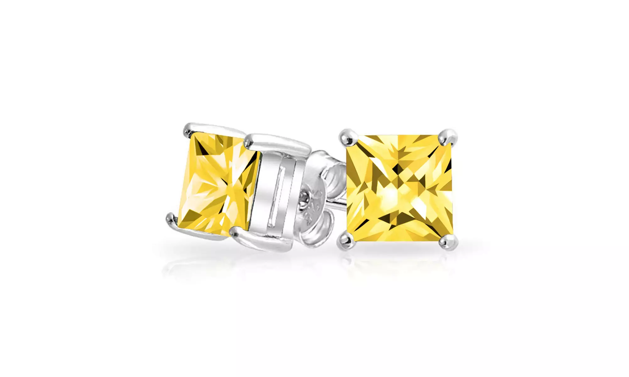 14k White Gold plated 4 Ct Princess Cut Yellow Sapphire Stud Earrings. - Second Medium