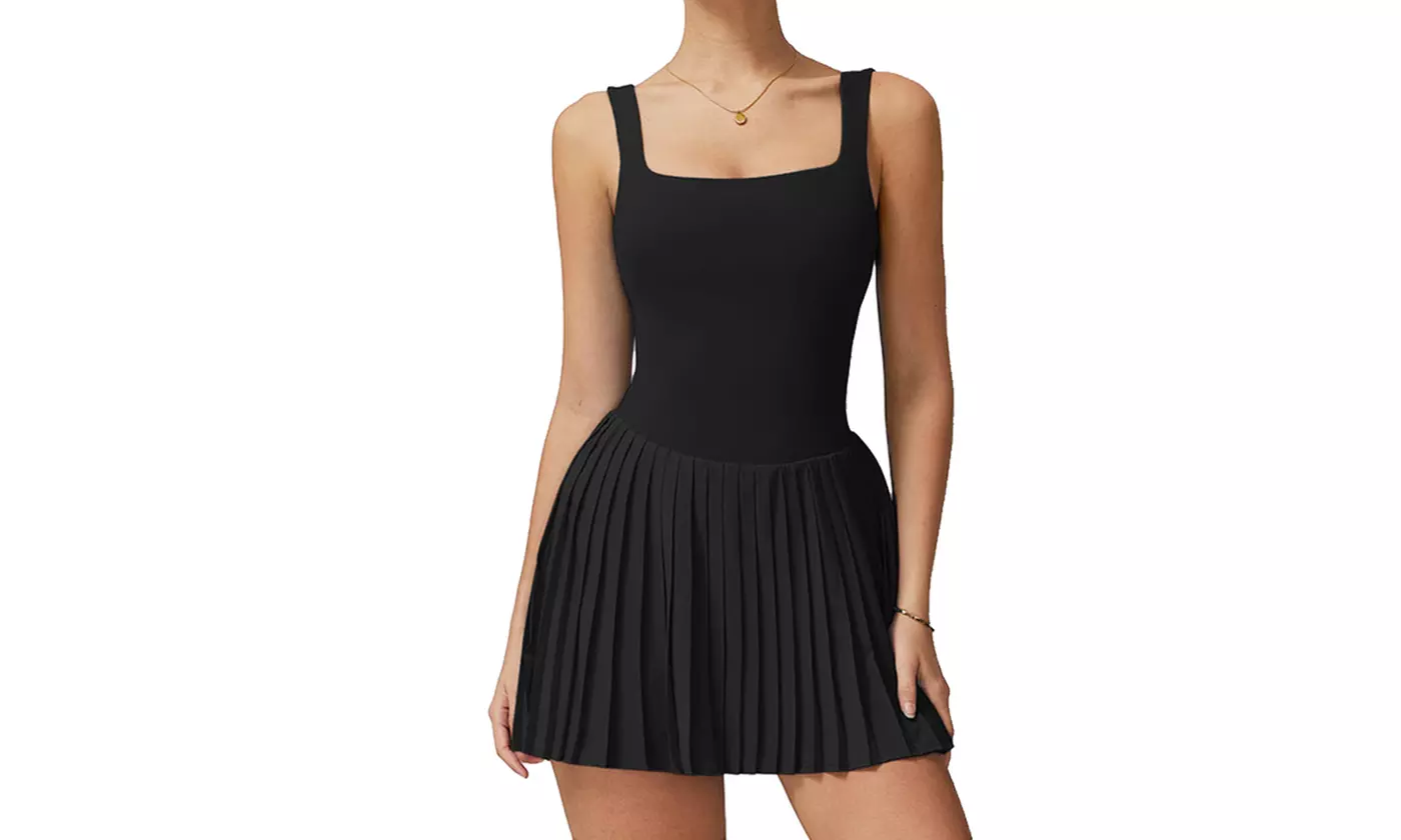 Women Workout Sleeveless Tennis Dress with Pockets Shorts Athletic Mini Dresses