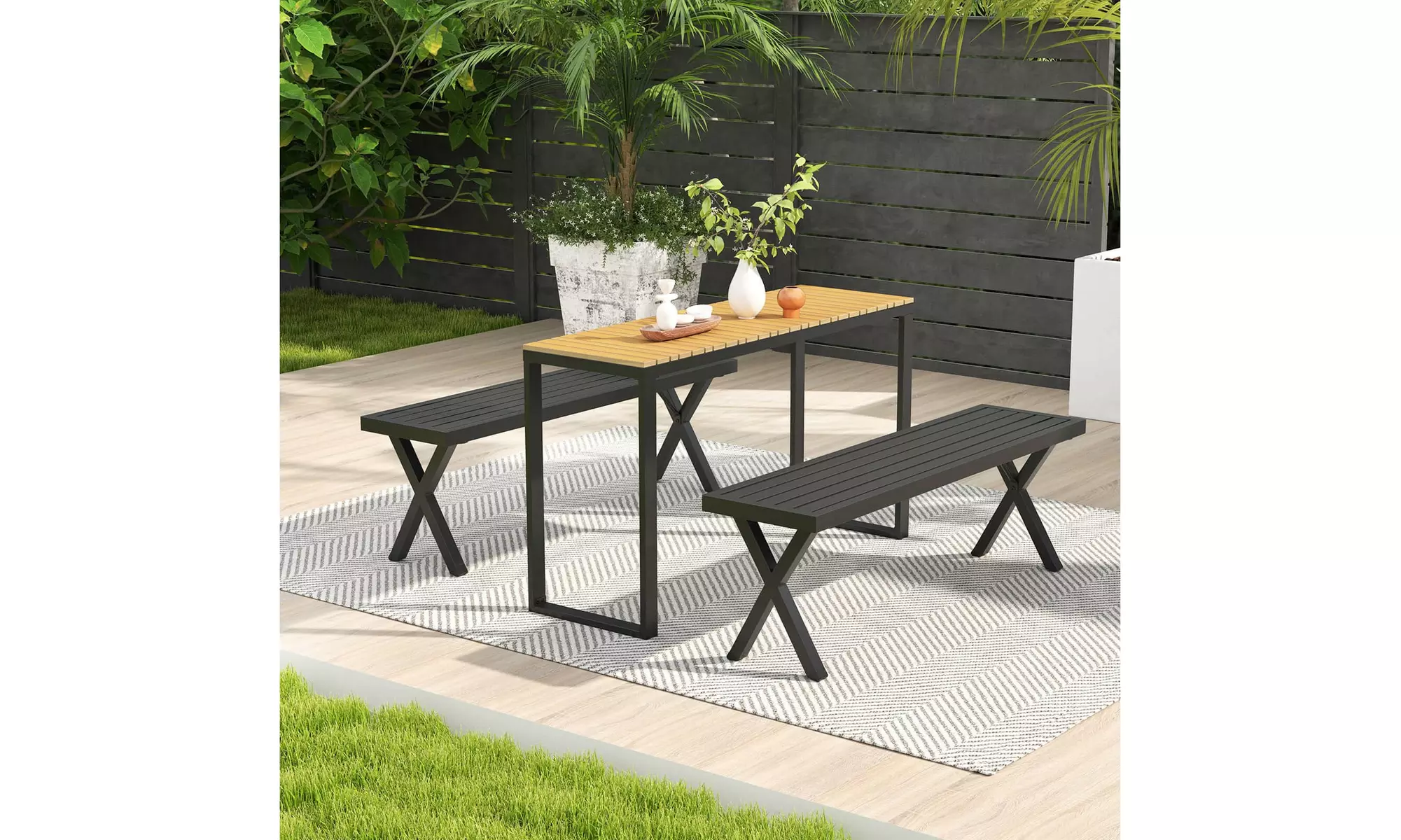 Costway 54 Inch Patio Metal Bench with Slatted Seat and X Legs Backless Loveseat