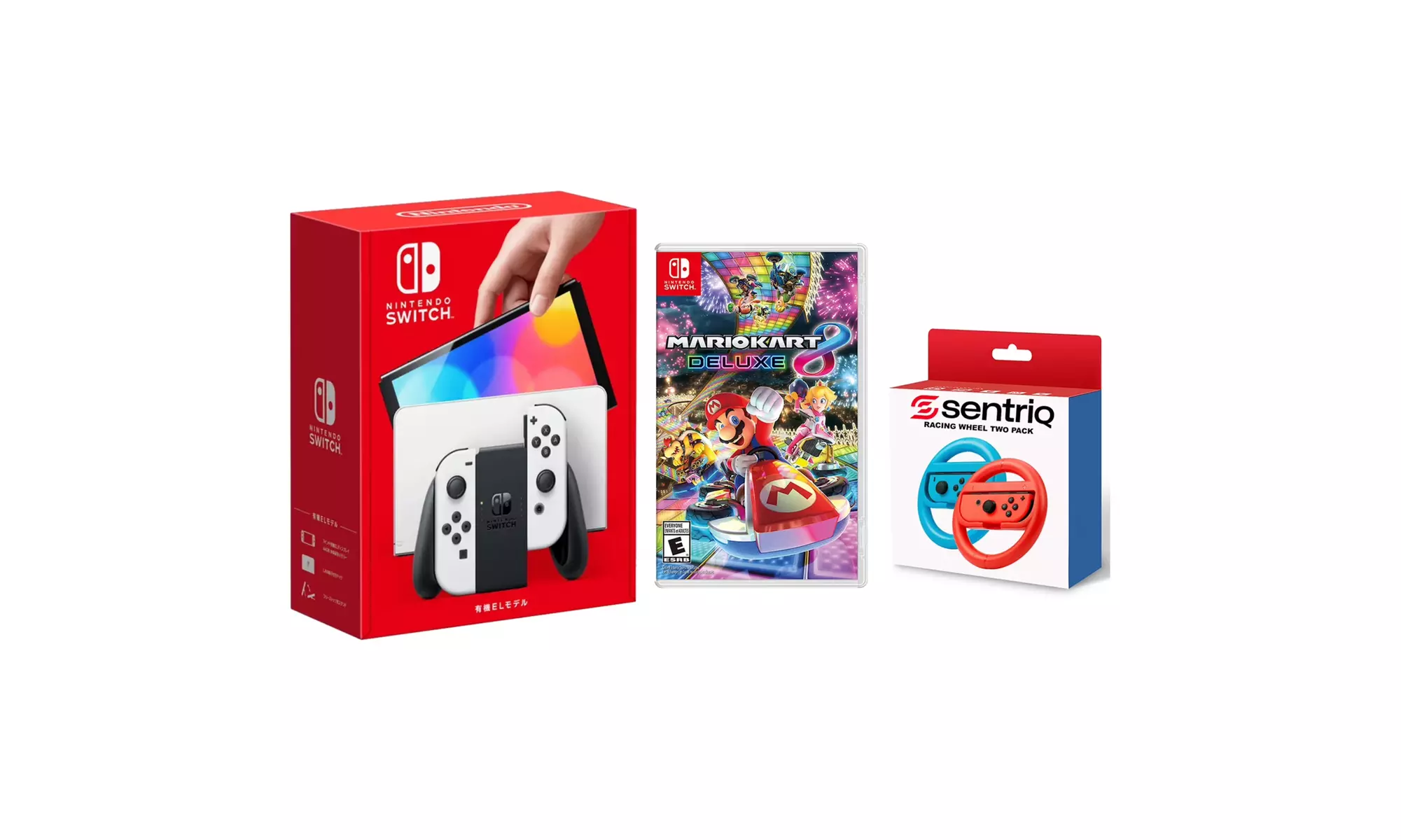 Nintendo Switch OLED White with Mario Kart 8 Deluxe and Racing Wheel Pack
