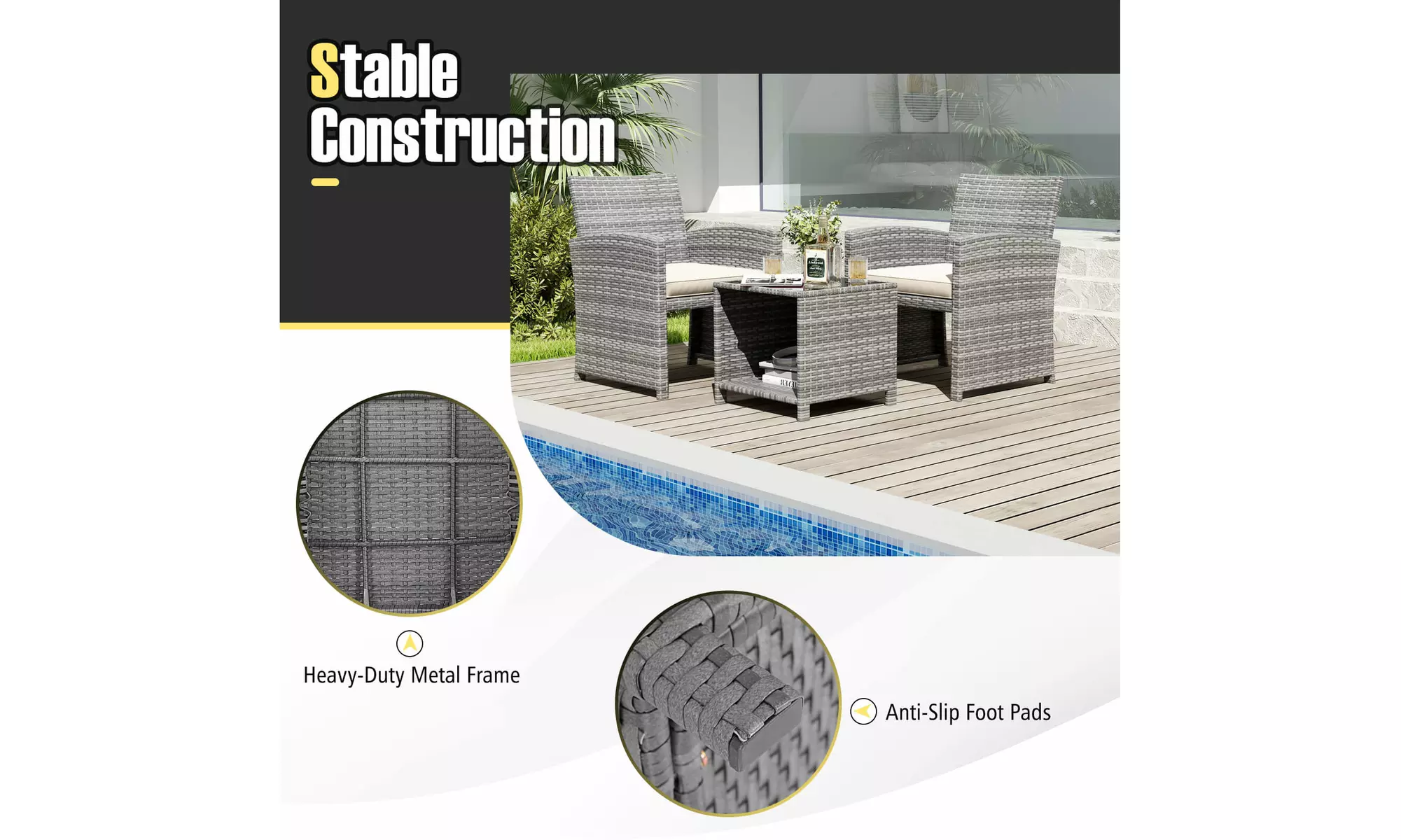 Costway 3-Piece Patio Furniture Set with Tempered Glass Coffee Table