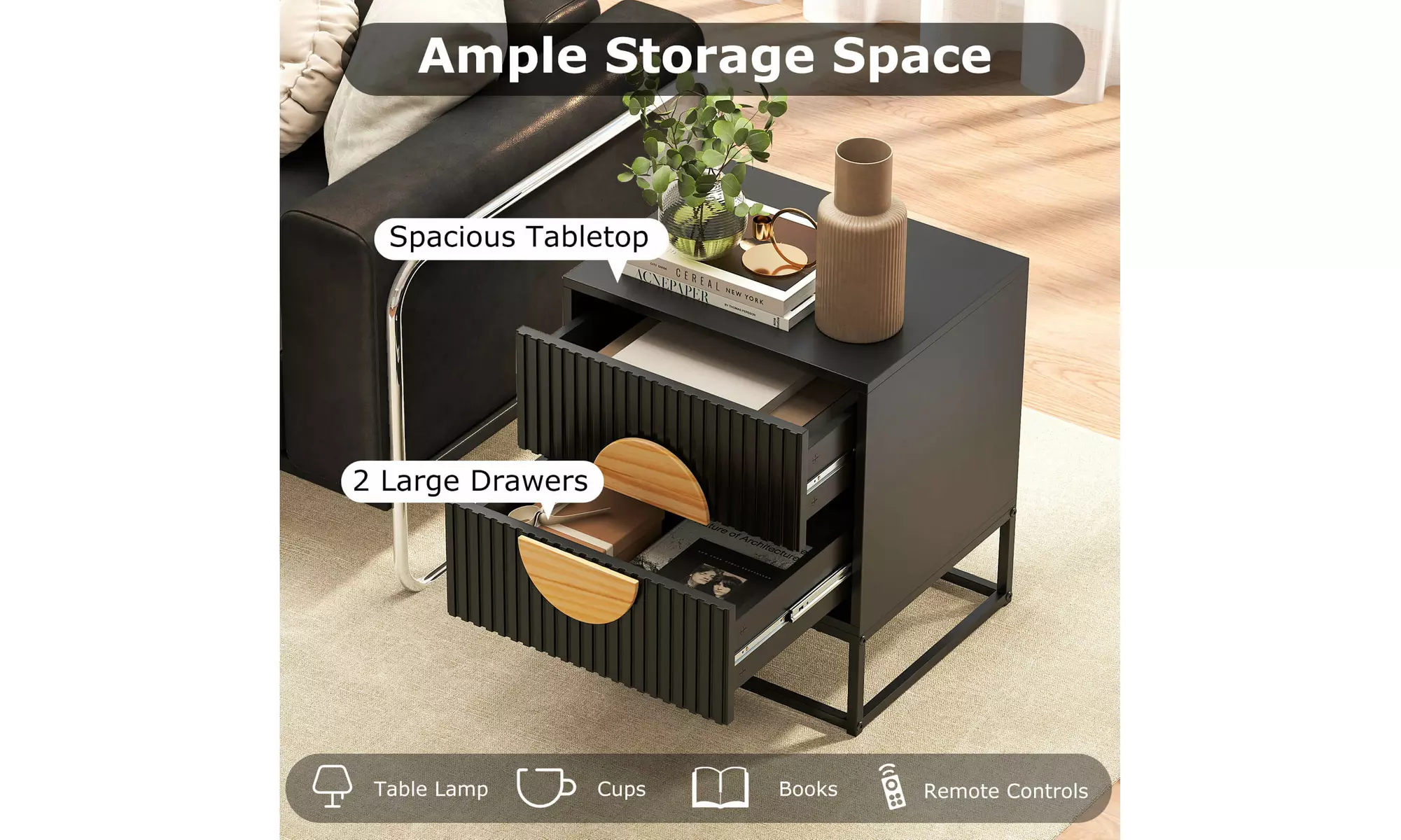 Costway Fluted Nightstand with 2 Drawers with Pine Wood Handles & Metal Frame