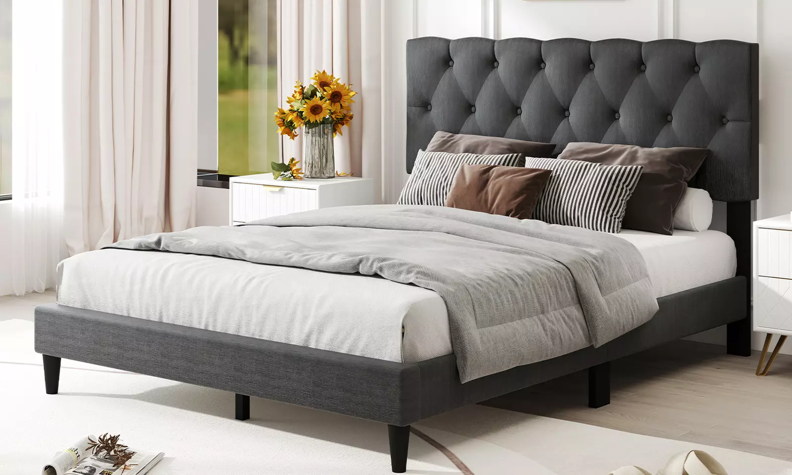 Costway Bed Frame with High Headboard and Wooden Slats