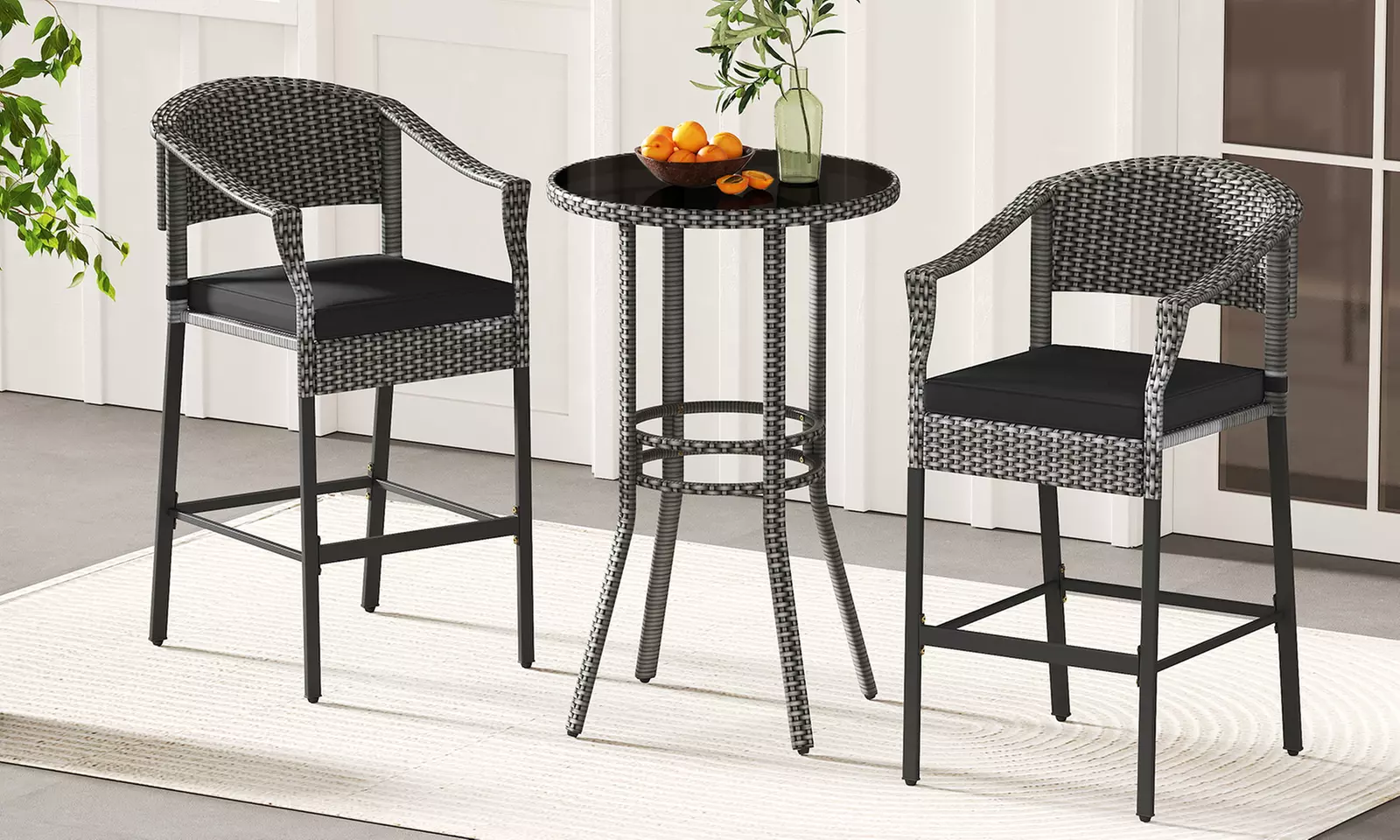 Costway 3-Piece Patio Rattan Bar Set Wicker Bar Height Armchairs and Round Table