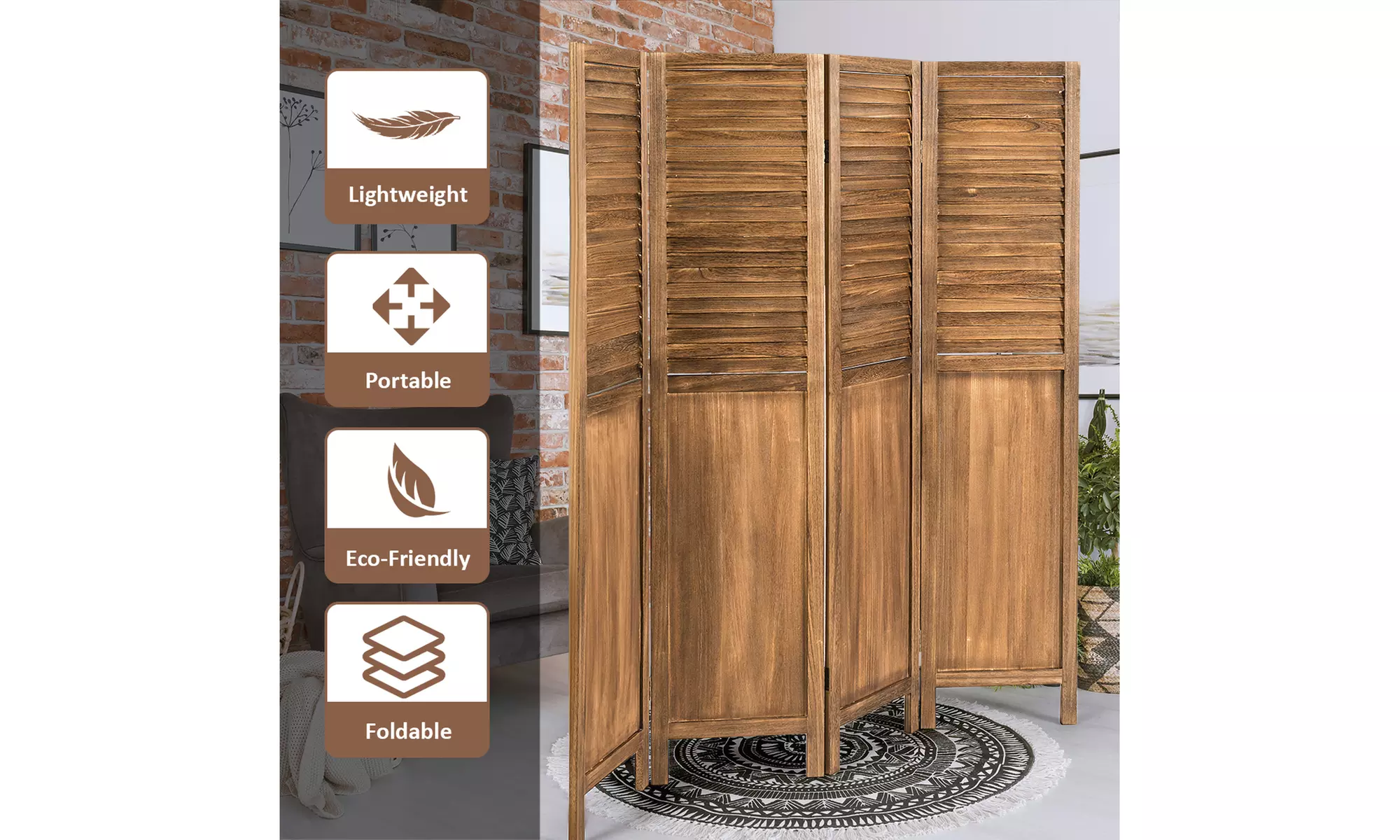 Costway 4 Panel Folding Privacy Room Divider Screen 5.6 Ft Tall Brown