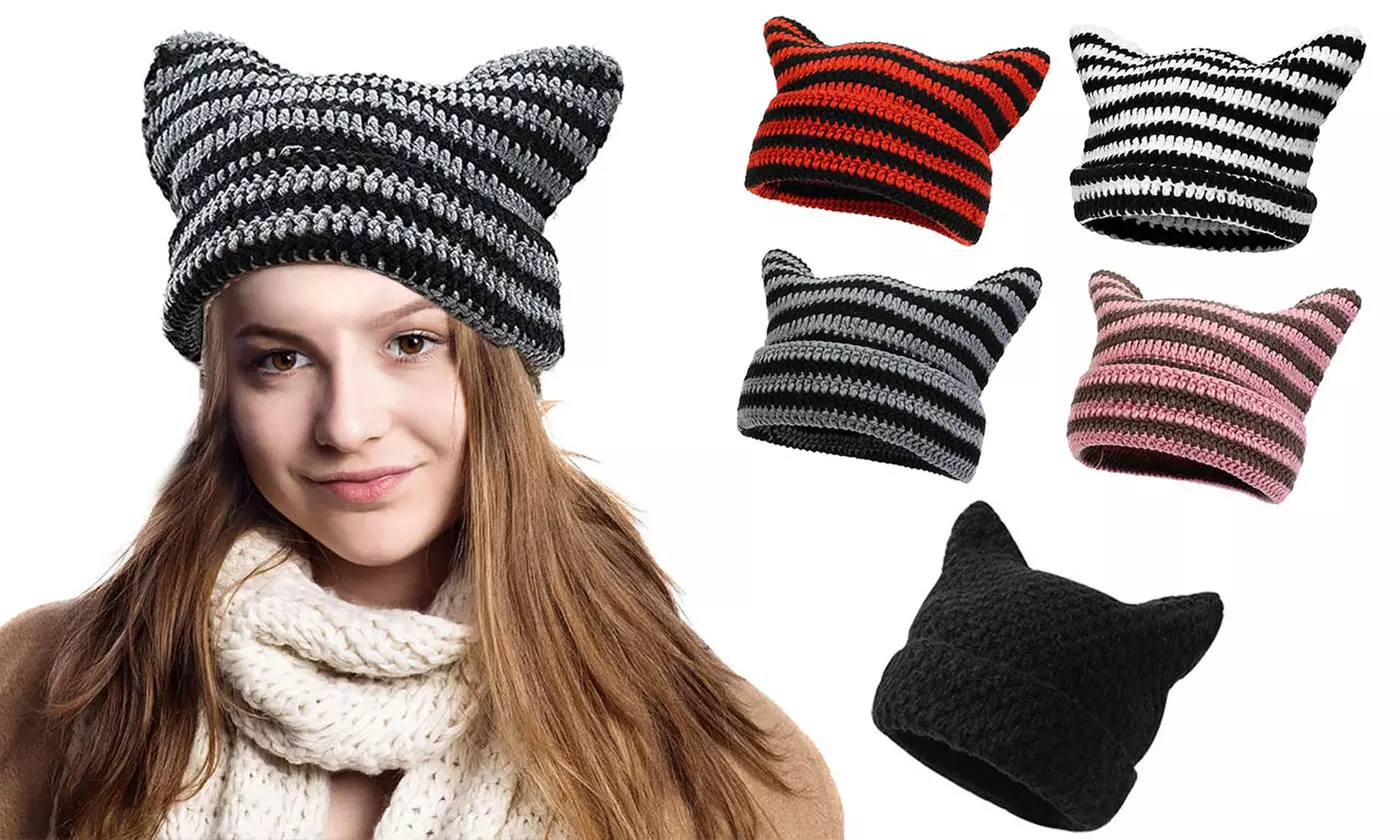 Women's Knitted Cat Ear Beanie Hats - Primary Image