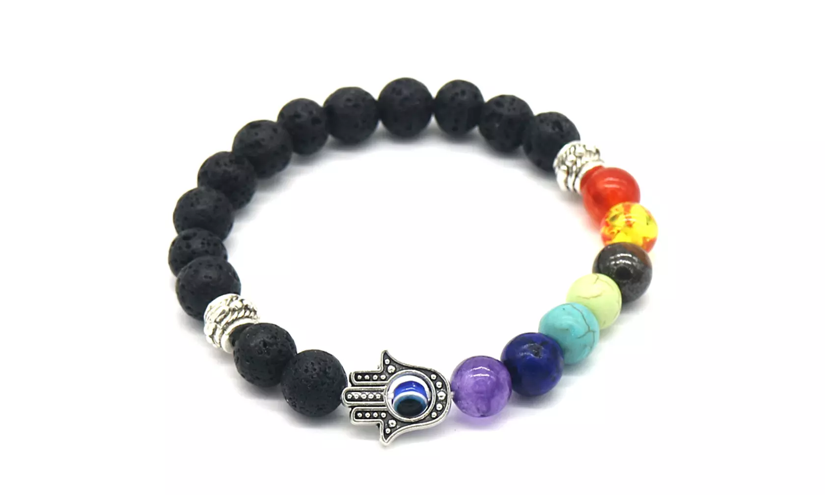 7 Chakra Healing Natural Stone Bead and Hamsa Bracelet - Primary Image