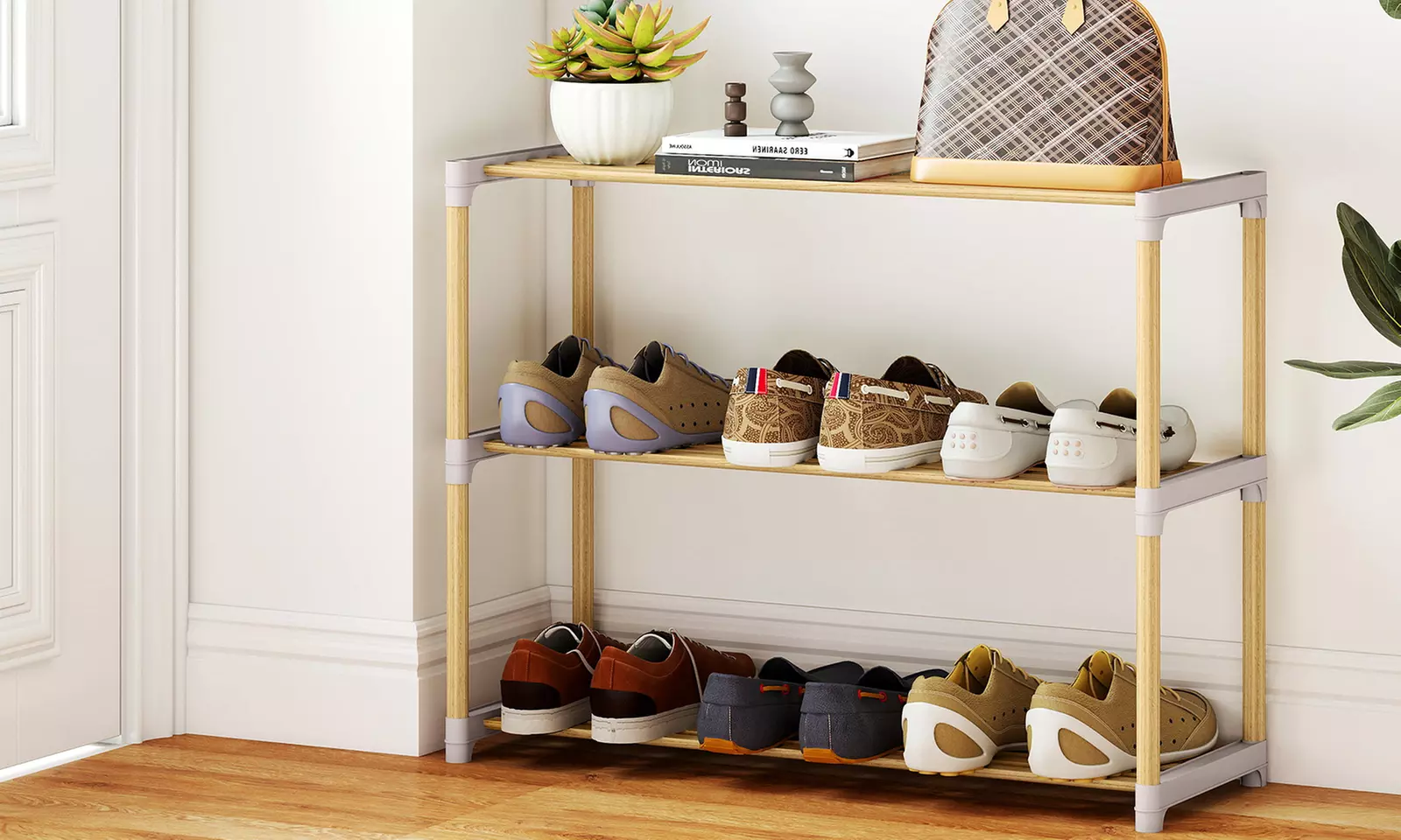 Costway Solid Wood Shoe Shelf Stand with Slatted Open Shelves for Entryway