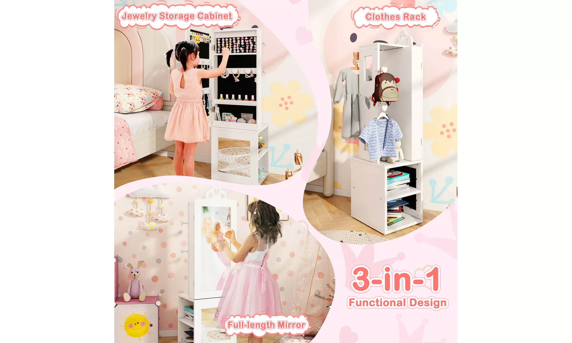 Costway Kids Jewelry Cabinet Standing Children Jewelry Organizer with Mirror
