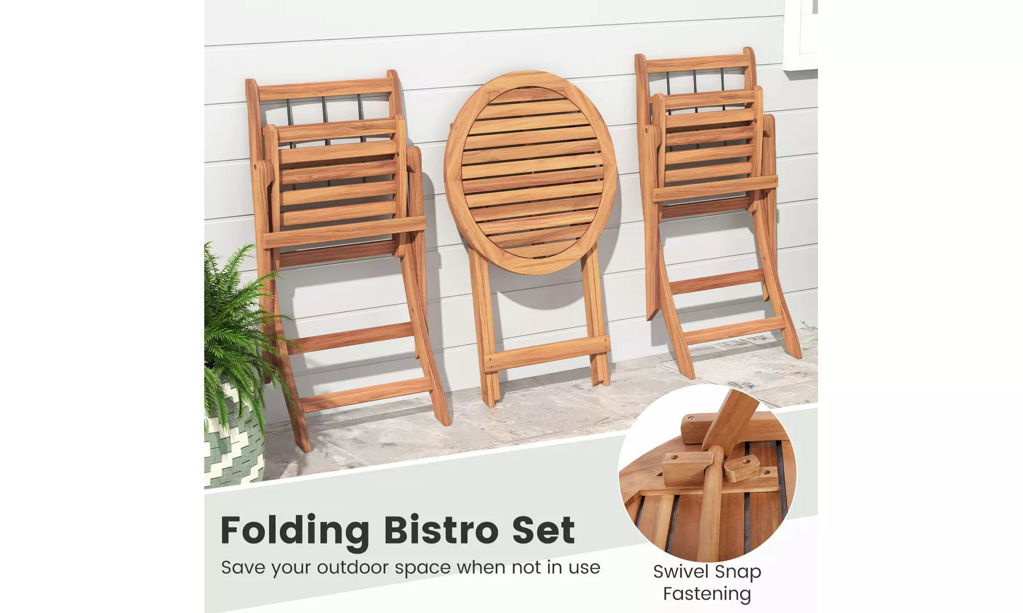 Costway 3 PCS Acacia Wood Patio Bistro Set Folding Outdoor Table and Chairs