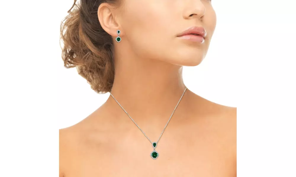 Emerald & White Topaz Dangle Earrings & Necklace Set in 925 Silver - Second Medium