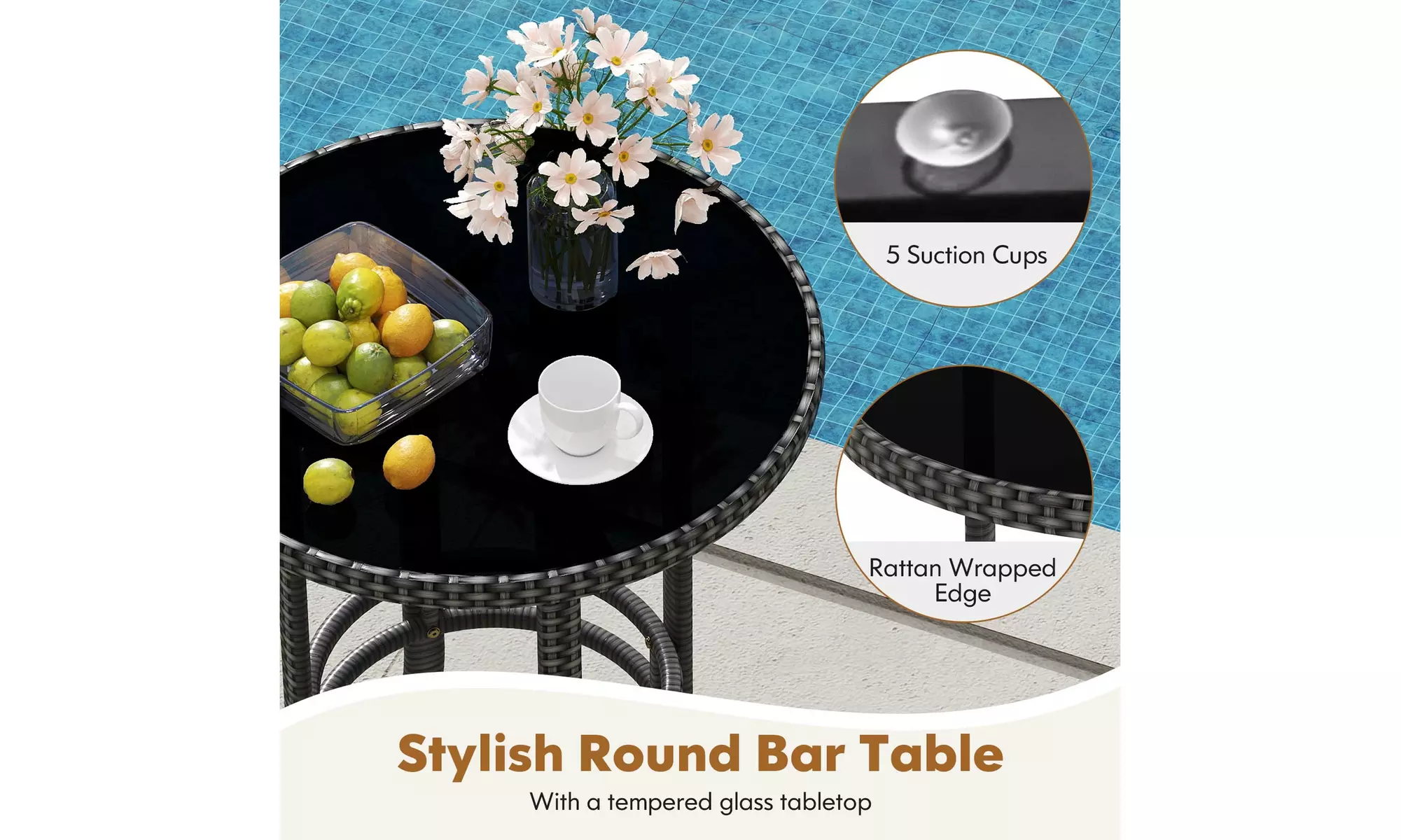 Costway 3-Piece Patio Rattan Bar Set Wicker Bar Height Armchairs and Round Table