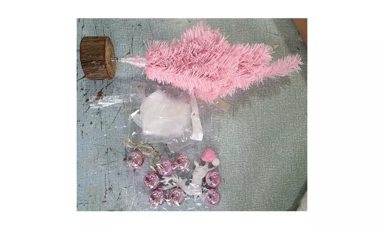 Mini Pink Christmas Tree w/ Feather Ornament Lights Home Tabletop Tree Decor - Second Medium